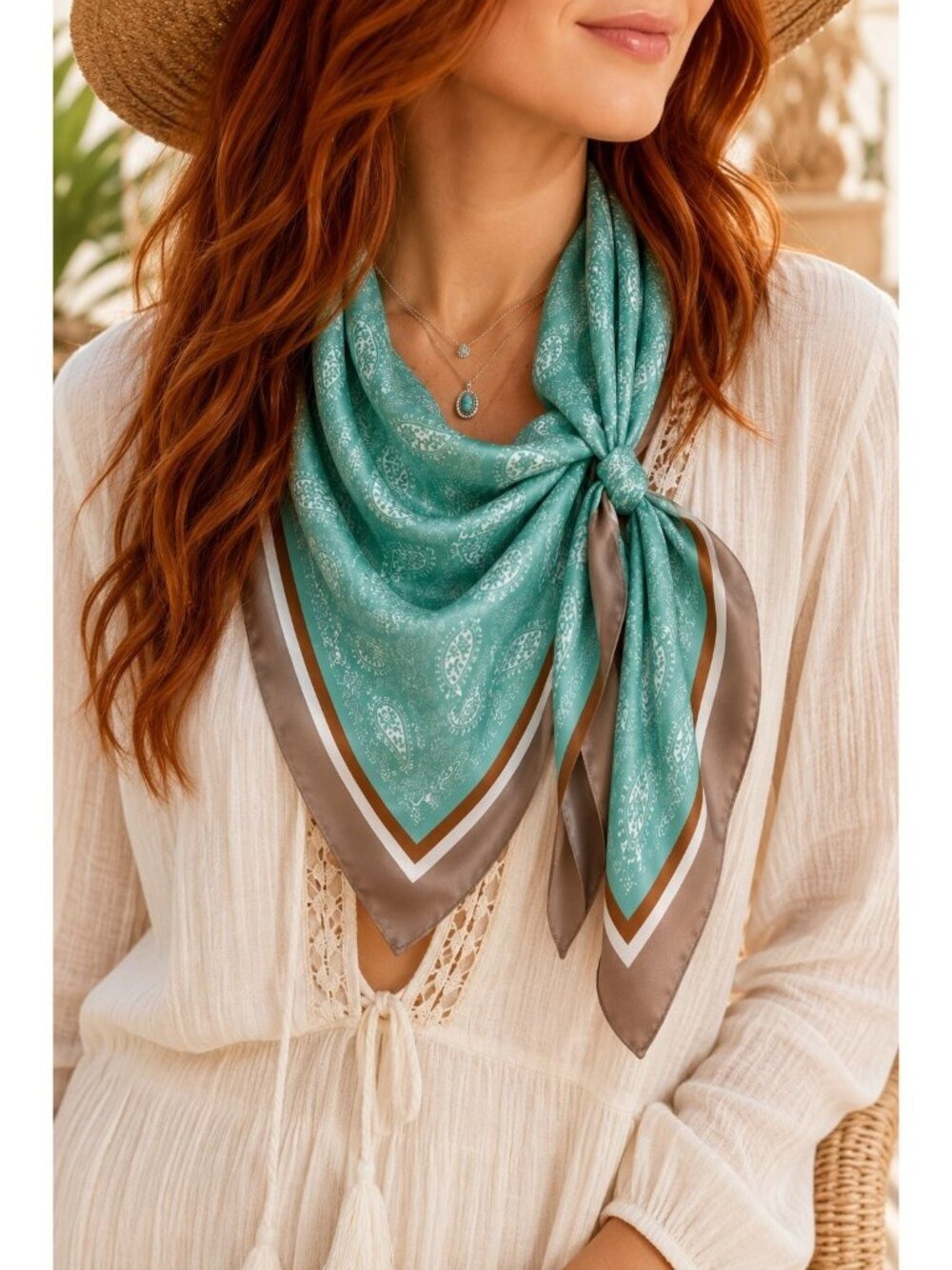 Aqua Teal Paisley Scarf 35x35 Satin Square Wild Rag Head Hair Scarf Western - Picture 6 of 6